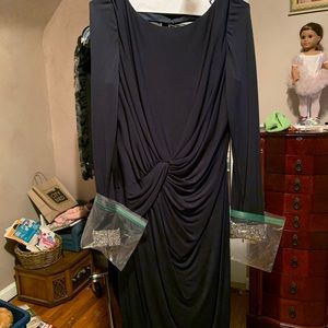 David Meister navy ruched dress with beaded cuffs